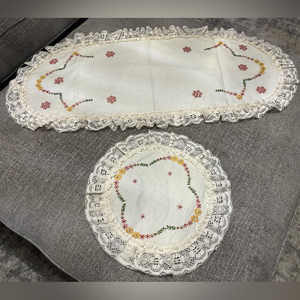 Vintage Hand Embroidered Dresser Scarves Lace Edges New Handmade Grandmacore